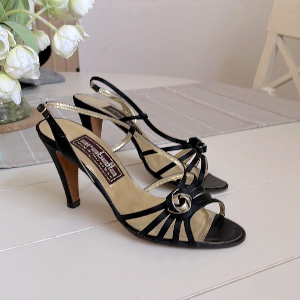 Vintage Arabella Black Satin and Gold Leather Evening Shoes, EU 38.5/US 8